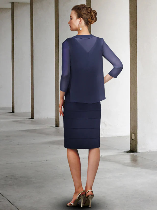 Wholesale Mother of the Bride Dress Elegant V Neck Knee Length Chiffon Long Sleeve with Appliques